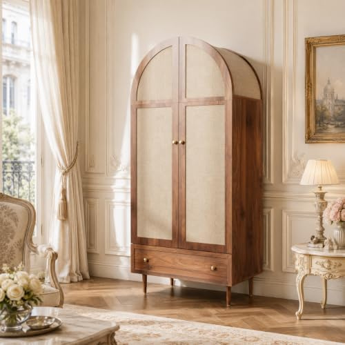 Wardrobe with Rod, Walnut Effect Clothes Wardrobe with 2 Fabric Doors, Bedroom Wardrobe with Handles and Feet, Wardrobe with Drawer for Bedroom, Living Room, 79 x 50 x 175 cm