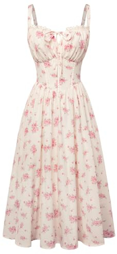 Women Floral Corset Dress Summer Milkmaid Sundress White Pink Floral XXL | Cutout Waist, Smocked Back, Pockets, for Casual, Wedding Guest, Tea Party, Vacation