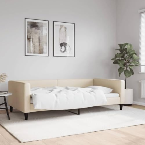 QJBSAVVA Tagesbett 100x200 cm in Creme aus Stoff und Massivholz, Modernes 2-in-1 Schlafsofa mit Metallgestell, Robustes Einzelbett für Wohn- und Jugendzimmer, 223 x 110 x 68 cm