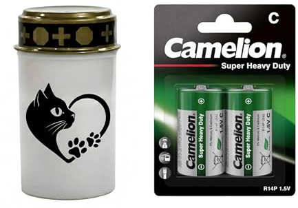 Fachhandel Plus LED Grablicht Katze, batteriebetriebenes Gedenklicht mit flackernder LED Flamme als sicherer Grabschmuck für Tiergrab und Gedenkplatz - ewiges Licht (Weiß, Kopf Herz Pfote)