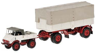 Kyosho Minichamps – 499030920 – Miniatur-Fahrzeug – MB Unimog 401 mit geplantem Anhänger – Maßstab 1:43 – Weiß