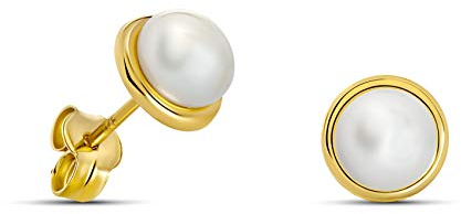 MIORE Ohrringe Damen –Gelbgold 375 9K-Ohrstecker Gold, Perlen Ohrringe mit Weiße Süßwasserperlen, Piercing Ohr, Perlenohrringe in hochwertiger Schmuckschachtel, Goldschmuck, Schmuck Damen allergenfrei