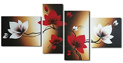 Wandbild mit floralem Design, 4-teilig, von Wieco Art – rote Blumen in voller Blüte, Leinwand auf Rahmen gespannt, 100% handgemalt, modernes Motiv, ölbild, Gemälde auf Leinwand, als Dekoration für zu Hause, fertig zum Aufhängen, canvas, multi, 16x12inch,8x20inch,12x20inch,12x12inch