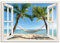 ARTLAND Wanddeko Leinwand Bilder Wandbild 100x70 cm Fensterblick Fenster Strand Karibik Meer Palmen Hängematte Südsee T4TQ