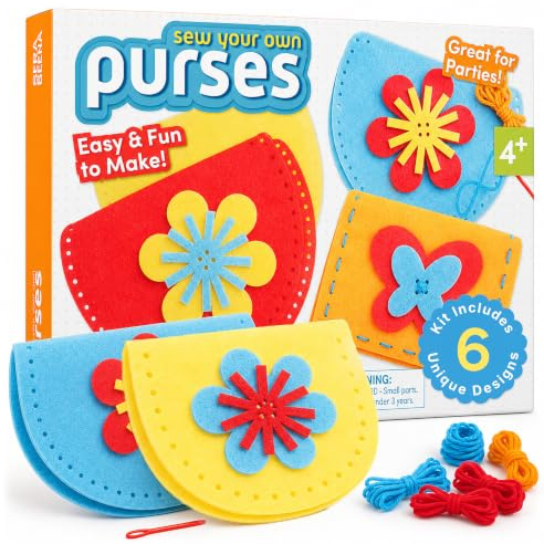 Serabeena Sew Your Own Purses - Sewing Kit for Kids - Felt Crafts for Ages 4-8 Plus - DIY Set Teaches Basic Stitch & Develops Fine Motor Skills - Fun Party Favours or Gifts - 6 Purses & Accessories