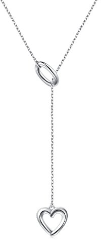 Flyow Damen Lange Kette 925 Sterling Silber Verstellbar Y Kette mit Herz und Kreis Anhänger Halskette