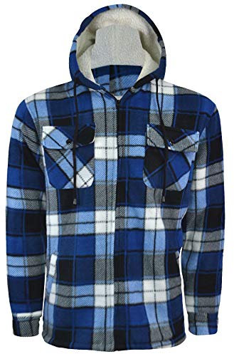 Whispering Jones London Mens Lumberjack Sherpa Fur Fleece Lined Hoodie Jacket Hooded Work Padded Shirt, Blue/White, L
