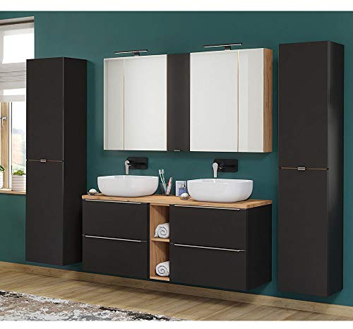 Lomadox Badmöbelset mit 140cm Doppel-Waschtisch Keramik und 2 Hochschränken, 3D Spiegelschränke LED, seidenmatt anthrazit/Wotaneiche