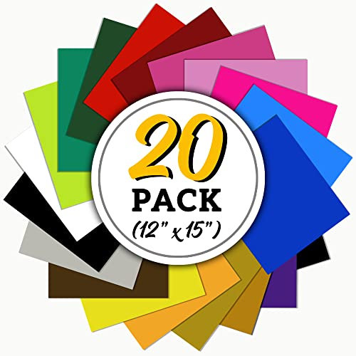 Heat Transfer Vinyl Assorted Colors Starter Pack - 20 Sheets - HTV Bundle Iron on for DIY T Shirts, Hats, Clothing for Silhouette Cameo, Cricut, or Heat Press Machine Tool (12x15)