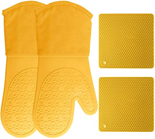HOMWE Silicone Oven Mitts and Pot Holders, 4-Piece Set, Heavy Duty Cooking Gloves, Kitchen Counter Safe Trivet Mats, Advanced Heat Resistance, Non-Slip Textured Grip (Yellow)