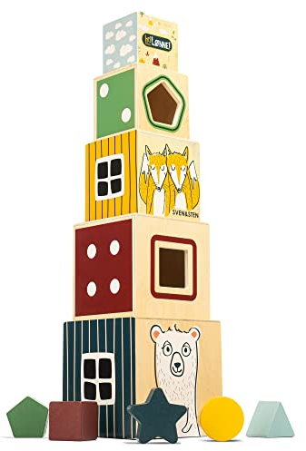 HEJ LØNNE Holz Stapelturm ab 1 Jahr - Stapelwürfel zur Förderung von Motorik und Zahlenverständnis - Stapelturm Holz – Motorikspielzeug - Geschenk für einjähriges Kind