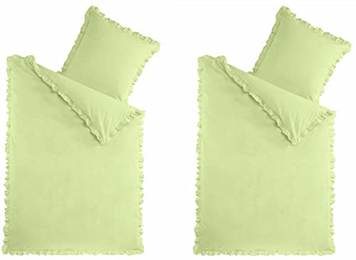 MB Warenhandel24 Bettwäsche Doppelpack Romantische RÜSCHEN Lindgrün 4-Teilige hochwertige Vintage Retro Stil Baumwolle Renforcé Lindgrün 2X 135x200 Bettbezug + 2X 80x80 Kissenbezug mit Reißverschluss