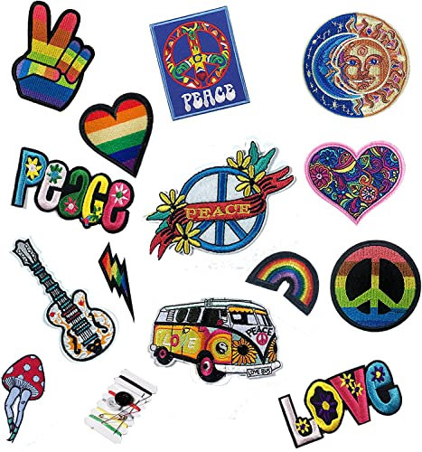 Joynaamn 12 PCS Iron on Patches for Clothing, Embroidered Decoractive Applique with Sewing Kit for Backpack Jackets Jeans Shirt, Sew on DIY Vintage Patches for 1970s Party, Hippie Aesthetic