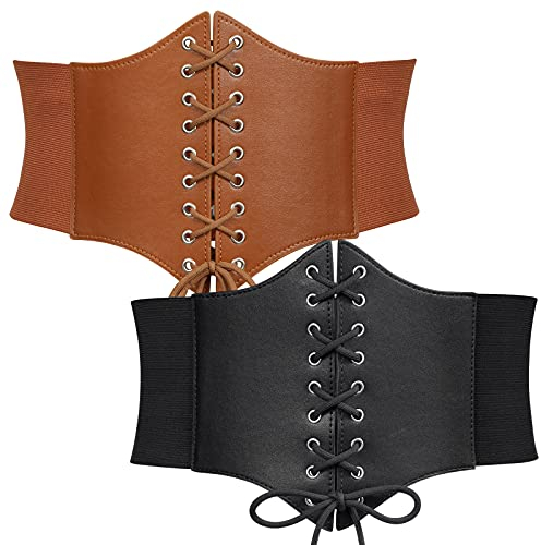WERFORU 2 Stücke Frauen Tied Waspie Gürtel, Breiter Schnürgürtel für Damen, Korsett elastische Taille Gürtel für Halloween Schwarz/Braun