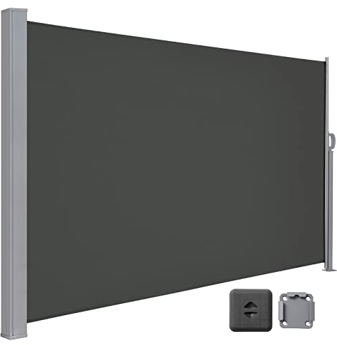 LARMNEE Seitenmarkise mit Stahl-Kasten, 200 x 350 cm, Markise ausziehbar, Sonnenschutz, Seitenrollo, Blickdicht, für Garten, Terrasse, Balkon, Dunkelgrau EGY2035TBP02