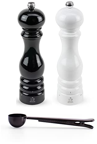 Peugeot Paris u'Select Salz- und Pfefferm hle, Geschenkset, Schwarz / Wei lackiert, mit Edelstahl-Gew rzschaufel / Beutelclip (22,9 cm)