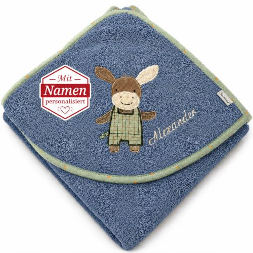 Sterntaler Badetuch 100x100 cm aus 100% Baumwolle personalisiert mit Namen/inklusive Bestickung (Emmilius blau)