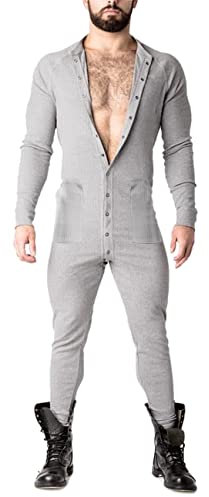 Muscle Alive Mens Long Sleeve Onesie Henley Jumpsuit Stretchy Cotton Ramper Grey M