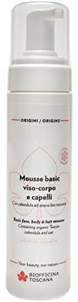 Biofficina Toscana Mousse basic viso, corpo e capelli, 200 ml – Detergente senza profumo multiuso delicato – Con avena bio toscana e urea, ideale per pelli sensibili e arrossate