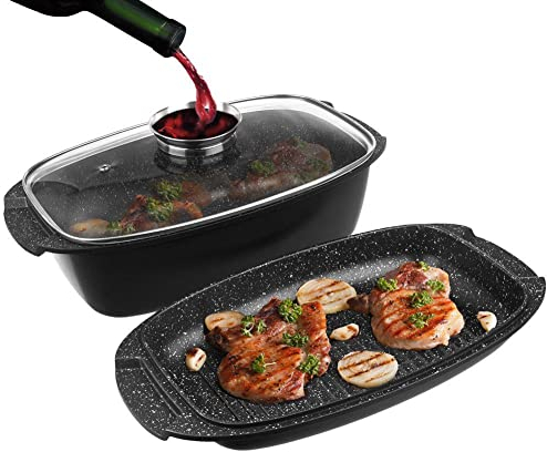orion group Bräter mit Granitbeschichtung Bratentopf Schmortopf mit Deckel Grilltopf Grillpfanne 3in1 GRANDE 5l