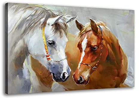 Leinwandbild mit Pferdemotiv für Schlafzimmer, Dekoration, Pferd, Leinwandbilder, Kunstwerk, Tiermalerei, Drucke auf Leinwand, gerahmt, weiße und braune Pferde, Leinwanddrucke, Kunstwerk für