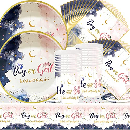 Doyomtoy Lot de 53 assiettes de fête pour garçon ou fille, tasses, serviettes, nappe, pour anniversaire d'enfant, décoration de fête prénatale