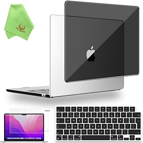 UESWILL 4in1 Case for 2022-2026 MacBook Air 13 inch M5 M4 M3 M2, Black | Model A3449 A3240 A3113 A2681, Glossy Crystal Clear, Hard Shell Case + Keyboard Cover + Screen Protector + Microfiber Cloth