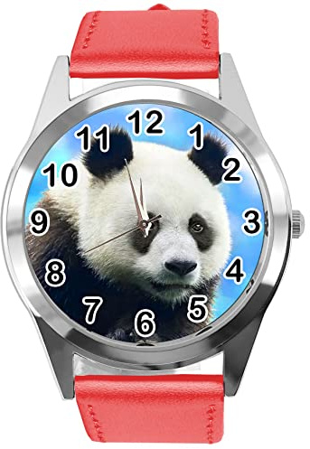 TAPORT Red Leather Round Watch for Fans of Panda