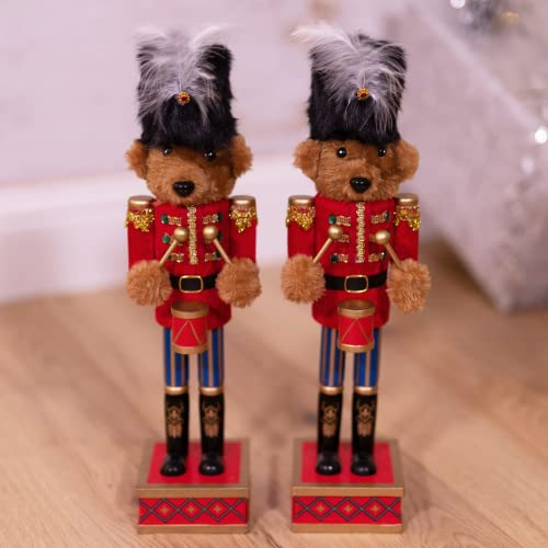 Marco Paul 2 x Deluxe Großer Teddybär mit Trommelumzug Nussknacker Weihnachten Ornament Holz Innen Groß 60cm Nussknacker Xmas Statue Traditionelle Festliche Figur Neuheit Dekoration