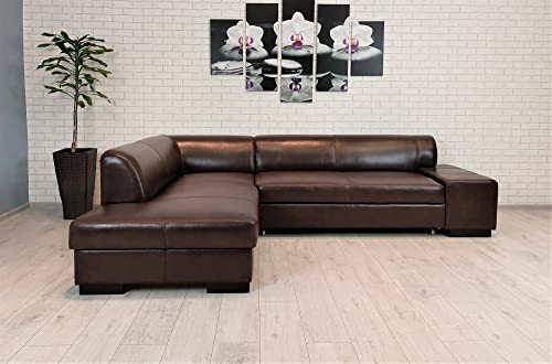 Quattro Meble Glanz Leder Ecksofa London II 275 x 200 Dunkelbraunes Echtleder mit Nähten in Lederfarbe Sofa Couch mit Schlaffunktion Echt Leder Eck Couch