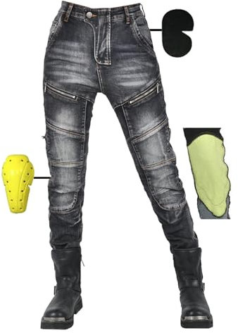 SHUOJIA Women Motorbike Jeans Made with Kevlar Fabric, Motorcycle Protective Trouser Breathable Denim Pant Linned Reinforced Removable Padded Armoured (Black Female-B,L), (SS-00512)