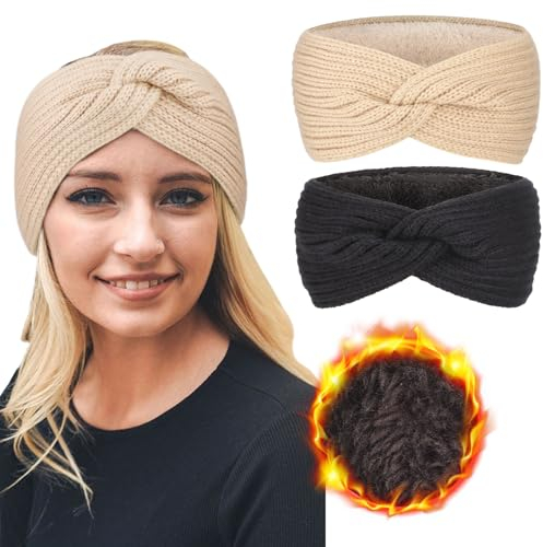 DRESHOW Damen Warm Gestricktes Stirnband Winter Ohrenwärmer Gehäkelte Kopfwickel Dickes Fleecefutter Haarbänder
