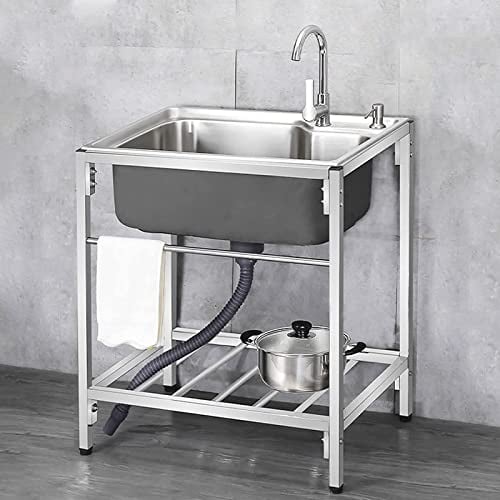 304 Edelstahl Spülbecken Waschbecken Ausgussbecken Küche Utility Waschbecken freistehend Outdoor Camping Dish Waschstation mit Konsole und Stand für Innengines Küchenwäscherei ( Size : 55*40*75cm/22*1