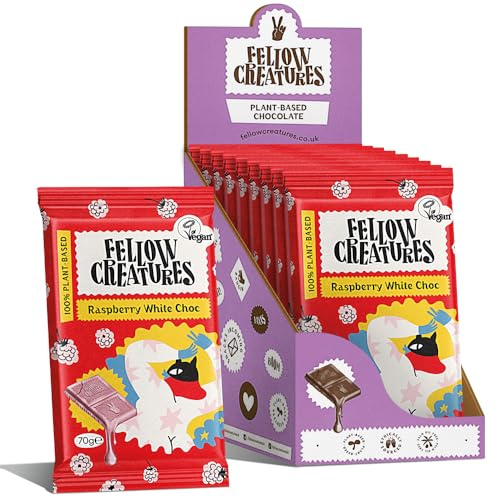Fellow Creatures Creamy Vegan Chocolate, Plant Based, Ethically Sourced, Reduced Sugar, Swiss Chocolate Bar, Gluten Free, Palm Oil Free, with Real Raspberries, Pack of 10 (Raspberry White Chocolate)