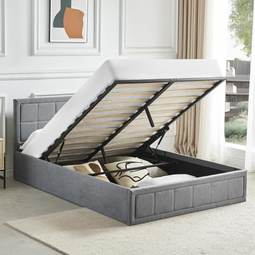 Blisswood Ottoman Bed, Upholstered Bed Frame, Ottoman Bed With Storage Gas Lift End Opening Wooden Slats Single Double Bed Frame With Storage (Light Grey, Small Double)