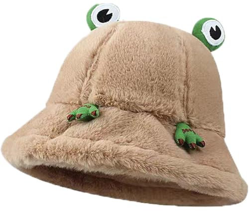 TBSCWYF Damen Hut Winter Weiche Kunstpelz Flauschige Fischerhut Breite Krempe Fellmütze Winter Warme Mütze für Mädchen Fischerhut für Erwachsene Frosch-Angler niedlicher Frosch-Hut für Frauen