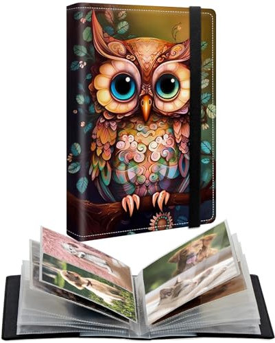 CGFGHHUY Kleines Fotoalbum, 8,9 x 12,7 cm, PU-Ledereinband, Fotoalben mit 80 Fotos, transparenten Innentaschen und Gummiband, niedliche Fotoalben für Familie, Jahrestag, Hochzeit, Eule im Baum