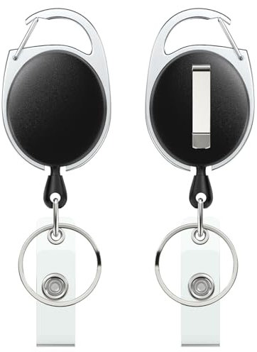 Uniclife 2 Pack Porte Clé Rétractable Robuste Enrouleurs Mousqueton de Badges Rétractables Porte Badges Robuste Boîtier en ABS Solide Ressort Acier Inoxydable Clip en Corde Nylon 60 cm Anneau de Clé