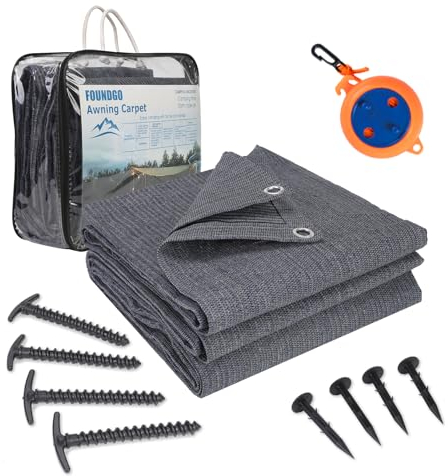 FoundGo Vorzeltteppich mit Ösen [280g/m² HDPE] Camping Teppich Outdoor Vorzeltboden inkl. Tragetasche 8 Stahlnägel & Wäscheleine Blau/Grau