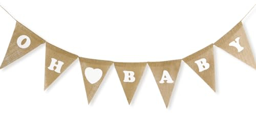 BETESSIN Babyparty Deko Rustikal - Oh Baby Girlande aus Leinen - Baby Shower Wimpelkette - Hängedeko für Babyparty, Gender Reveal Party, Taufe Mädchen und Jungen