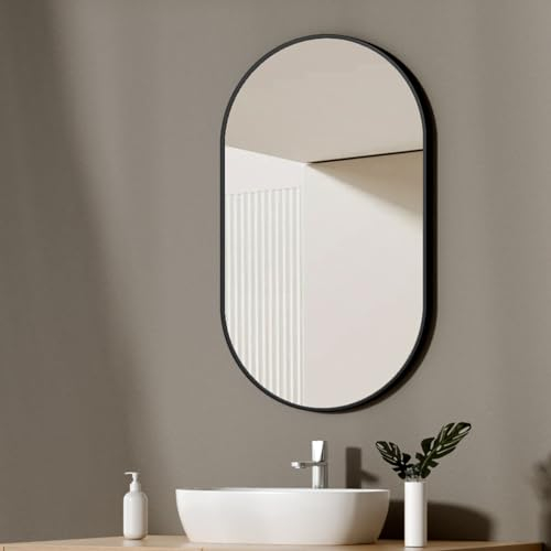EMKE Badspiegel Oval Schwarz 60 x 100 cm Ovaler Wandspiegel mit Schwarzer Rahmen Spiegel Horizontal/Vertikal Dekorativer HD Wandspiegel für Flur/Badzimmer/Wohnzimmer Oval Spiegel
