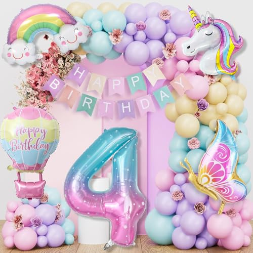 YEJIKJ Unicorn Balloons 4th Birthday Decorations, Unicorn Party Decorations 4th Birthday Banner for Girls Boys