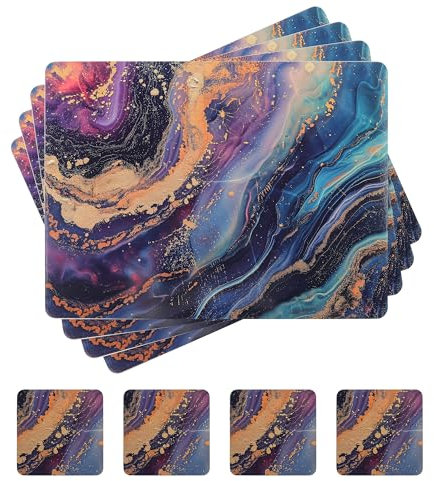 fanquare Kork-Tischsets und Untersetzer, 8er-Set, mit Marmormuster, hartes Tischset, leicht zu reinigen, langlebig, abstrakt, künstlerische Matte für Esstischdekoration, dunkler Sternenhimmel