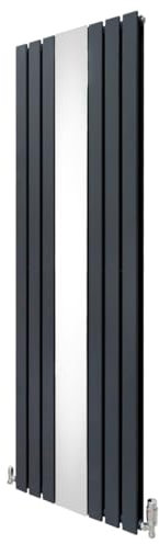Flat Panel Radiator with Mirror 1800mm x 565mm & TRV Chrome Valves Designer Double Column Vertical Anthracite Grey Carbon Steel Wall Mounted Kitchen Living Room Cleaning Brush Fixing Kit & Brackets