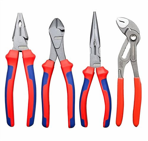 4PC Pliers Set, 8” Combination Pliers,7 1/4” Diagonal Cutting Plier，8” Long Nose, 7” Push-lock Water Pump Pliers for DIY & Home Use, Gift for He(Classical Tool Set + Push-lock Plier)