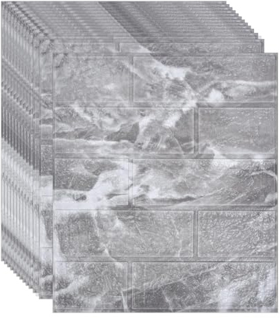 Panneaux Muraux 3D Imitation Pierre Peel and Stick Papier Peint Adhesif Mural Revêtement Mural pour Cuisine, Chambre à Coucher, Salon (Pierre Grise, 12 Pièce)