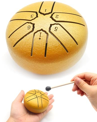 Anvin Mini-Stahlzungentrommel, 7,6 cm, 6 Noten, Metall-Handtrommel mit Schlagzeugschlägeln, Musikbuch, Regentrommel, Klangheilungsinstrumente für Meditation, Yoga, Zen, Unterhaltung, Geschenke (Gold)