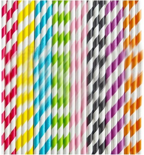 50 Stück Papier Strohhalme, Streifen Strohhalme Papier, Biologisch Abbaubare Bunte Trinkhalme, Papierstrohhalme, Geeignet Für Säfte, Smoothies, Heißgetränke Und Cocktails (Kaliber 6mm, Lang 197mm)