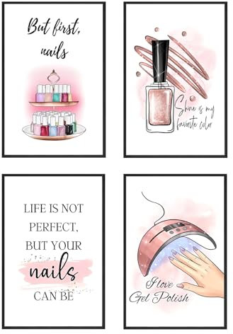 KLPOARTQ Modern Girl Room Decor, Nail Quote Poster Set with 4 Pieces Frame, Fashion Wall Art Prints Canvas Painting Pictures Beauty Salon