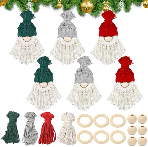 RANJIMA Makramee Set für Weihnachtsdeko, 6 Set Weihnachtsbaum DIY Makramee Set für Anfänger, Makramee Garn Kit mit Anleitung, Basteln Erwachsene für Macrame Cord Home Urlaub Wandbehang Dekoration